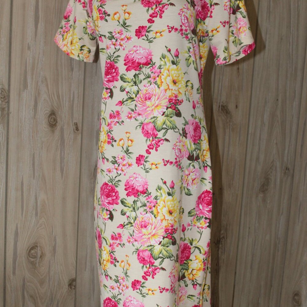 Tom's Ware Dress Casual Floral Print Pink Green New Bodycon Midi M - L Large EUC